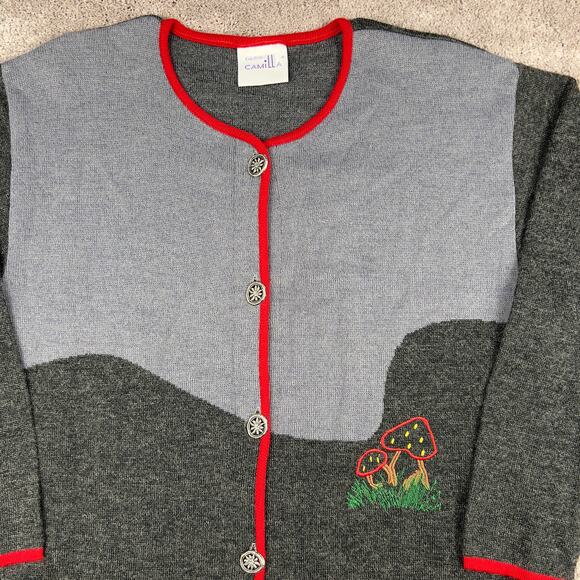 Vtg Creation Camilla Mushroom Cardigan Sweater XL EU 40 Grandma Core Embroidered - Picture 2 of 6
